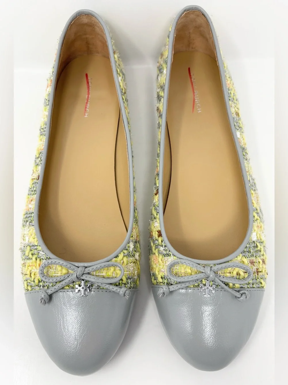 Tory Burch Tweed Ballet Flats Gray Yellow Leather Cap Toe Bow Size 9.5